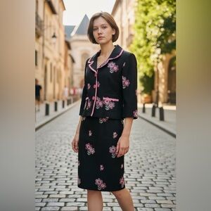 Cynthia Steffe 🛍️black suit with pink floral embroidery.